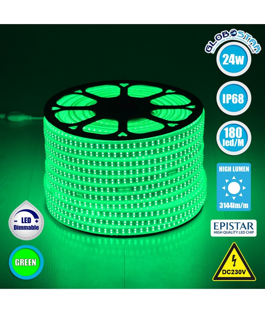 GLOBOSTAR® EPIWIDE 70515 Ταινία LED 24W-m 1560lm-m 120° DC 220-240V Αδιάβροχη IP65 180 x SMD2835 Chip-m Πράσινο Dimmable - Epistar SMD Chip - M100 x Π1.6 x Υ0.7cm - 3 Χρόνια Εγγύηση